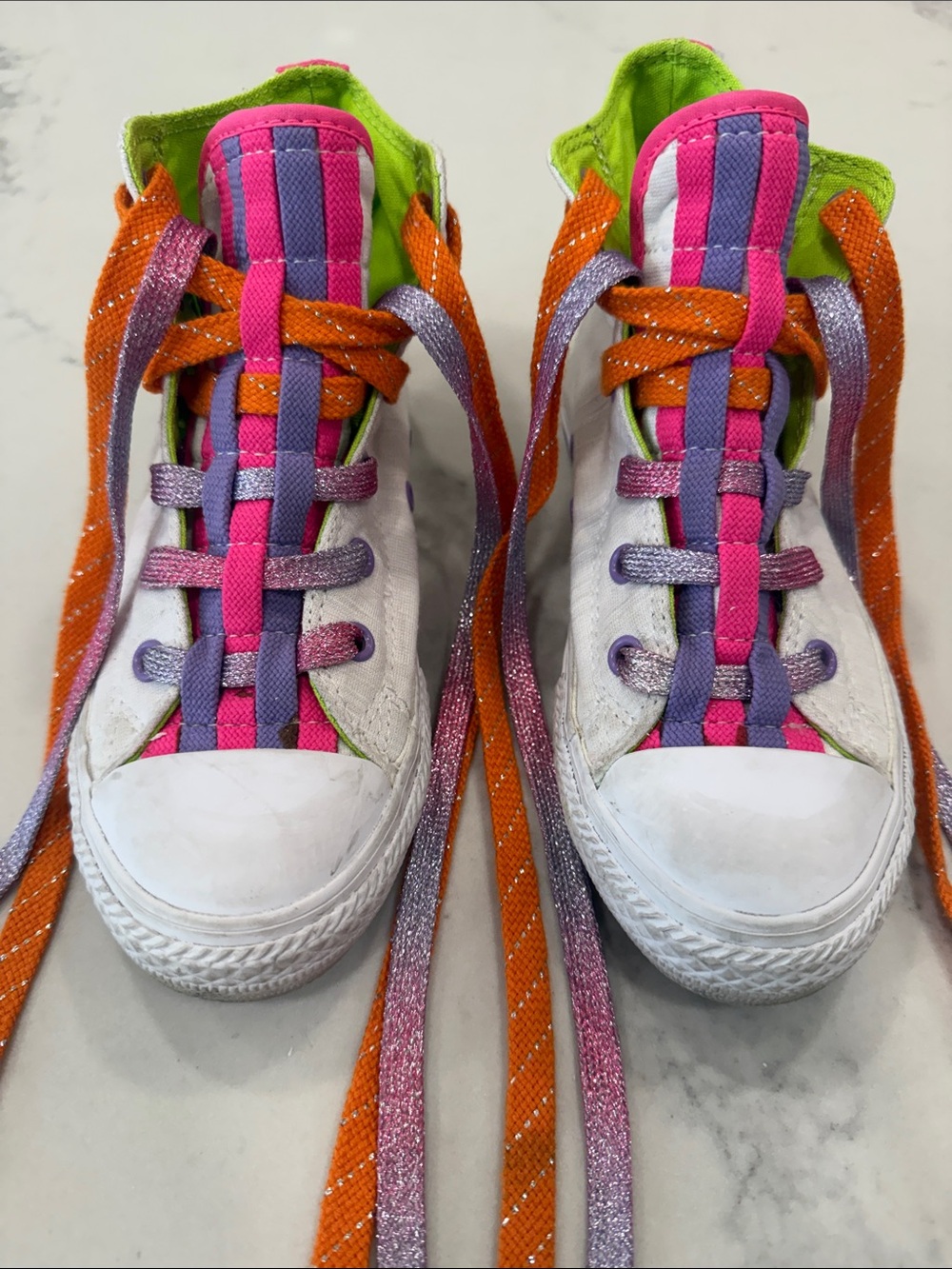Kids White Converse  Sneakers with Pink & Purple Accents